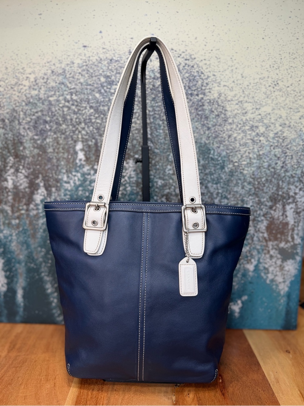 Coach Vintage 2005 Coastal Hampton Leather Tote Navy/White Satchel (VGUC)